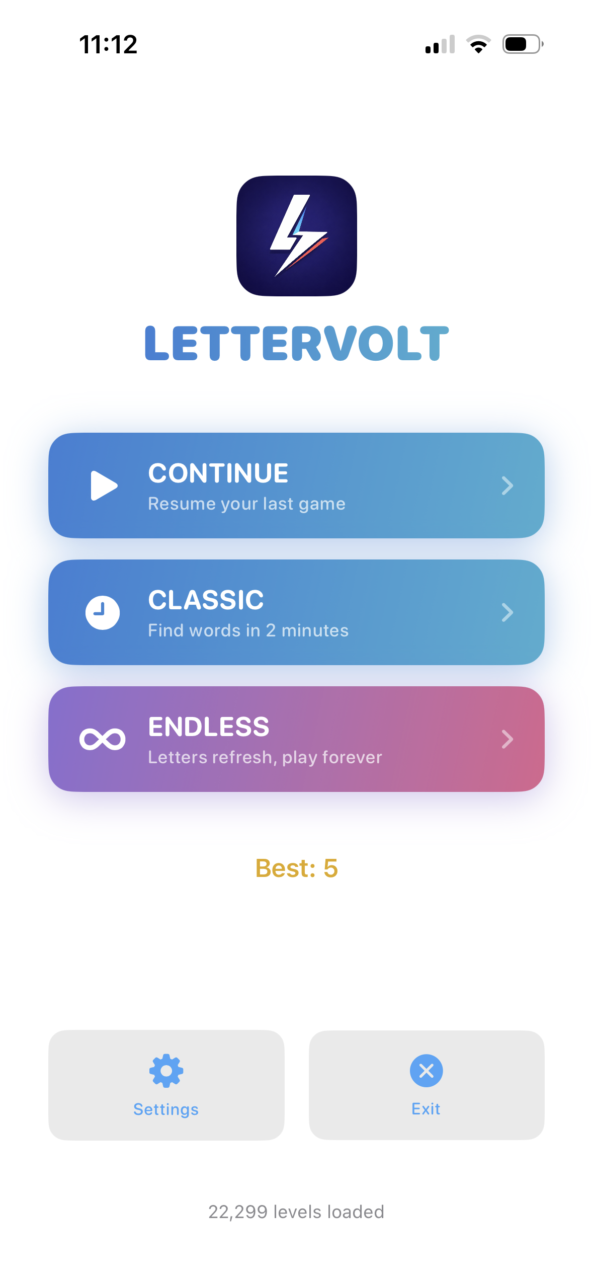 Lettervolt main menu showing Classic and Endless mode buttons